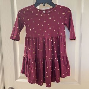 Old Navy Wine Gold Stars Tiered Dress 3/4 Sleeve Girls Size 4T